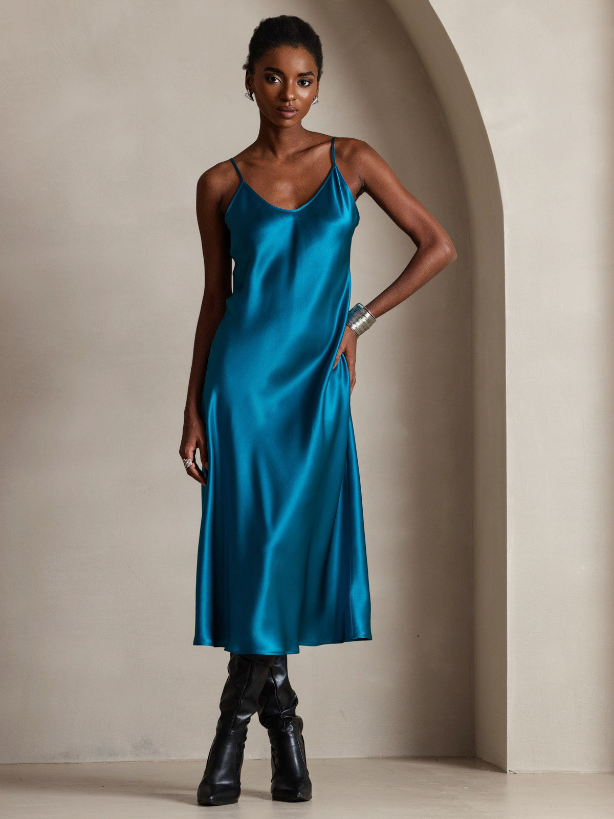 Rosstef 100% Mulberry Silk Spaghetti Strap Midi Long Dress