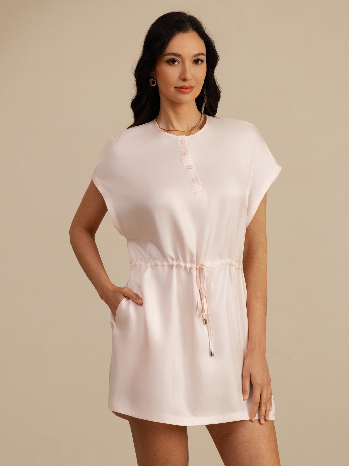 Rosstef Pure Silk Henley Neck Cap Sleeve Short Dress
