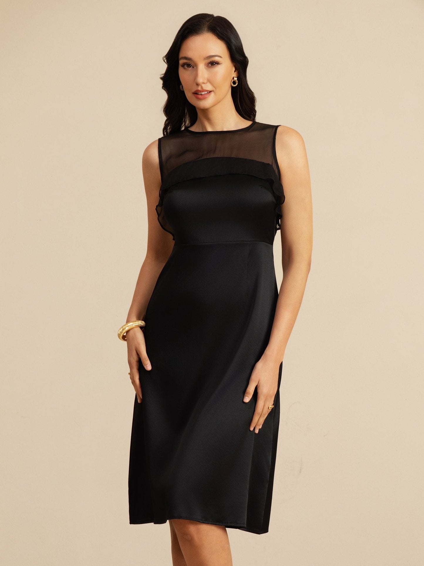 Rosstef 19Momme Pure Silk Illusion Neck Sleeveless Knee Length Giyin
