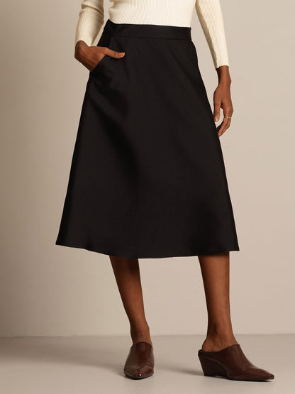 Rosstef 32Momme Silk-Wool Blend A Line Midi Skirt with Zipper Design