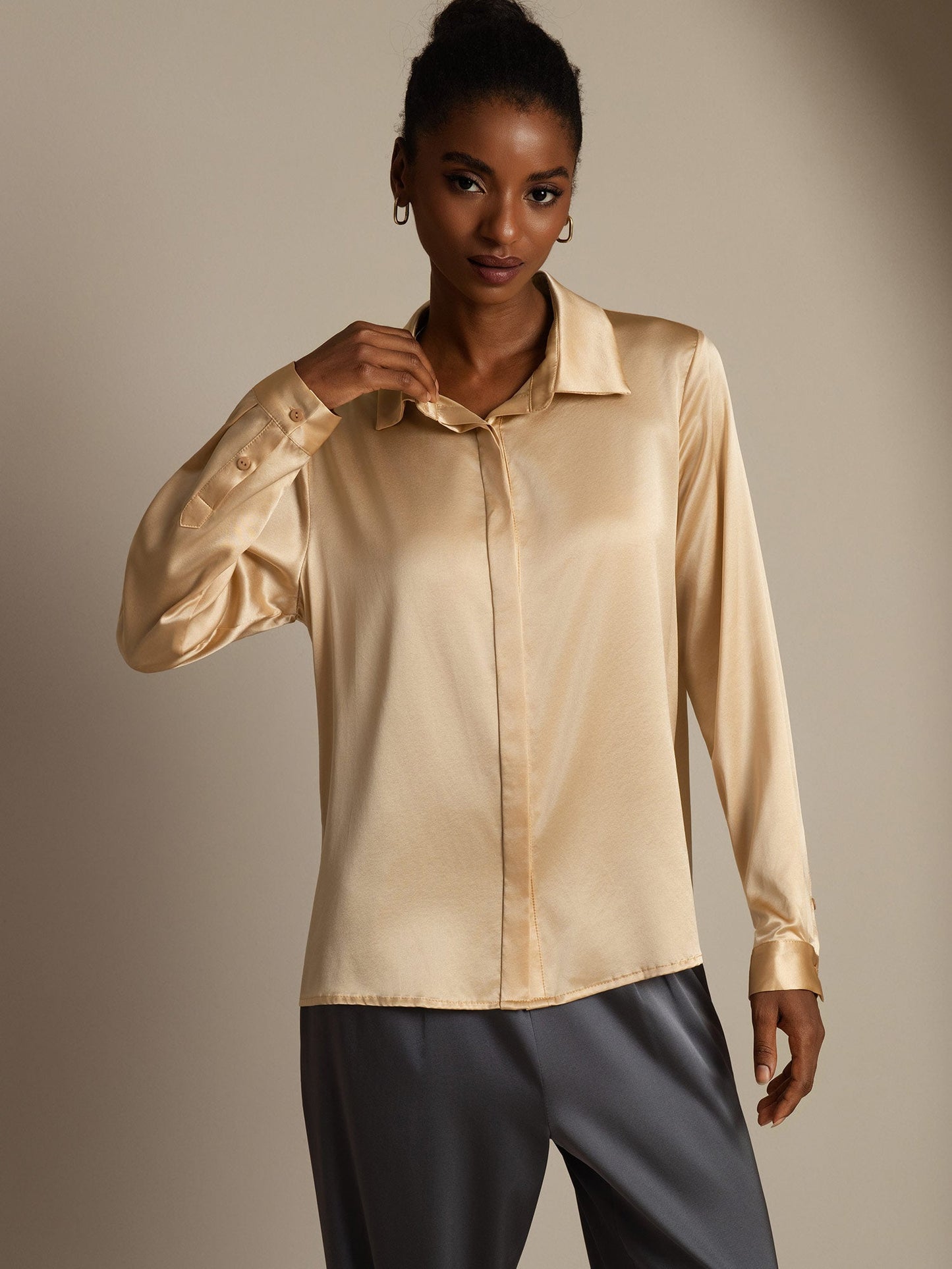 Rosstef 19Momme Silk Long Sleeve Lapel Collar Kadın Bluzu