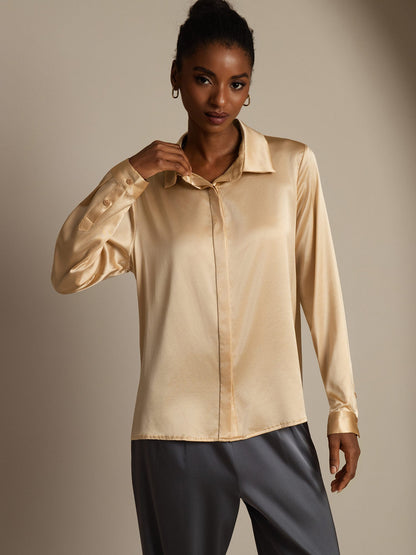 Rosstef 19Momme Silk Long Sleeve Lapel Collar Kadın Bluzu