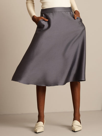 Rosstef 32Momme Silk-Wool Blend A Line Midi Skirt with Zipper Design