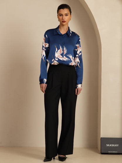 Rosstef 100% Mulberry Silk Long Sleeve Lapel Collar Women's Crane Print Button Blouse