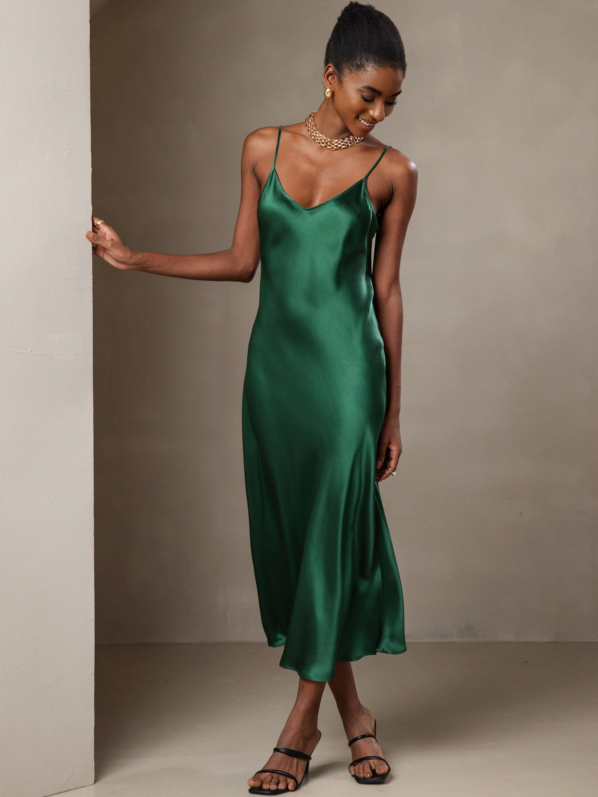 Rosstef 100% Mulberry Silk Spaghetti Strap V Neck Midi Dress