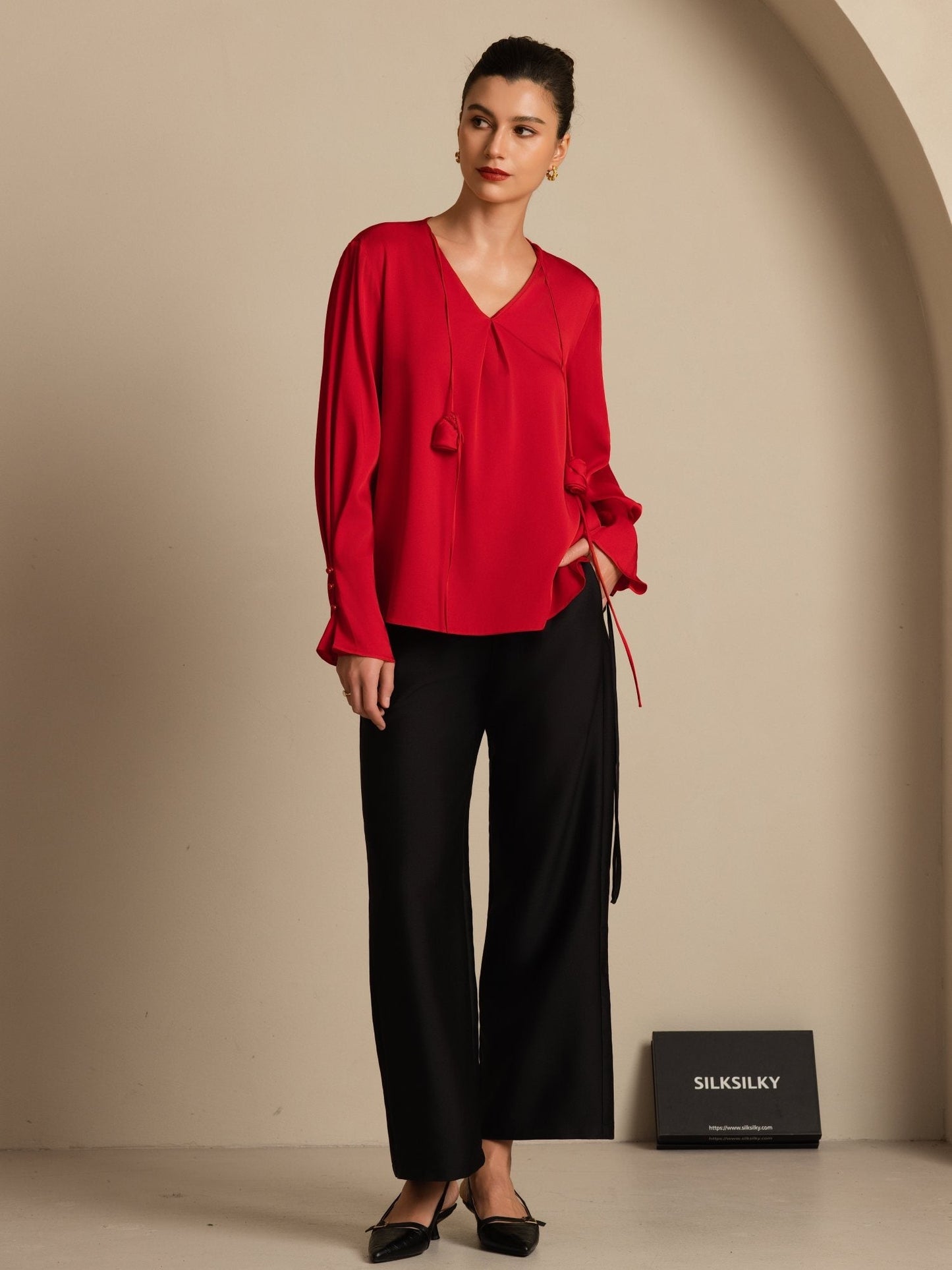 Rosstef 19Momme Stretch Silk V Neck Long Sleeve Blouse