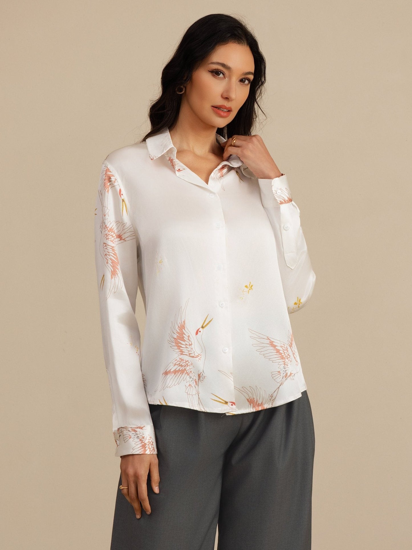 Rosstef 100% Mulberry Silk Long Sleeve Lapel Collar Women's Crane Print Button Blouse