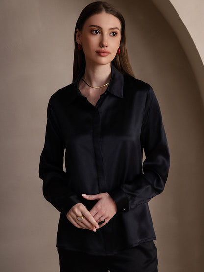 Rosstef 19Momme Silk Long Sleeve Lapel Collar Kadın Bluzu