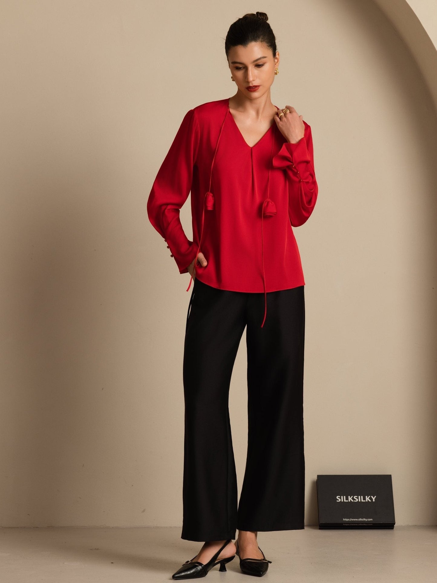 Rosstef 19Momme Stretch Silk V Neck Long Sleeve Blouse