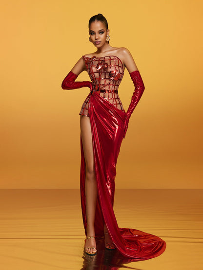 Aethon Strapless Metallic Flower Maxi Dress In Red