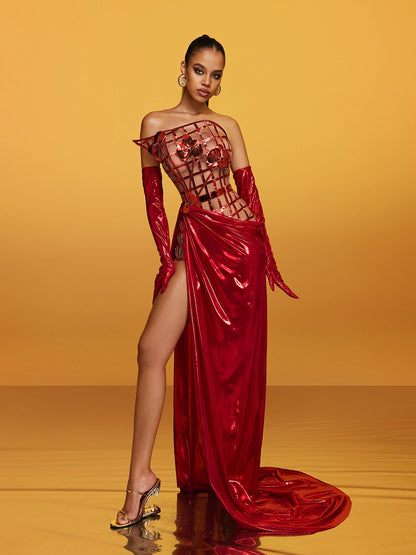 Aethon Strapless Metallic Flower Maxi Dress In Red