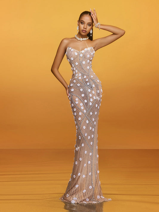 Rosstef Strapless Rhinestone Flower Maxi Gown