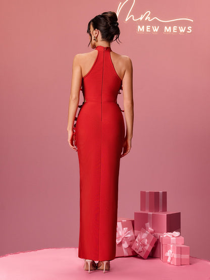 Alexei Halterneck Flower Bandage Dress In Red