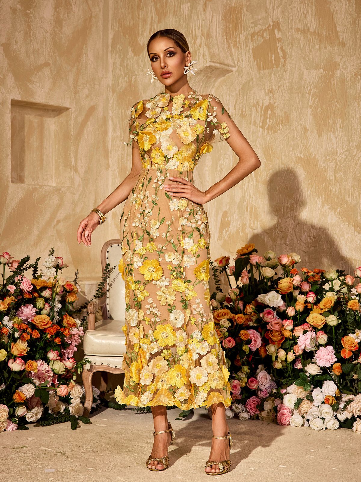 Rosstef Bežeği Çiçekli Midi Gown