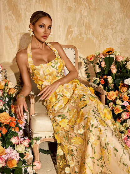 Alirio Halterneck Embroidered Flower Maxi Dress