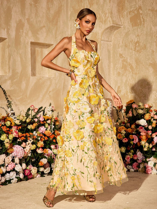 Alirio Halterneck Embroidered Flower Maxi Dress