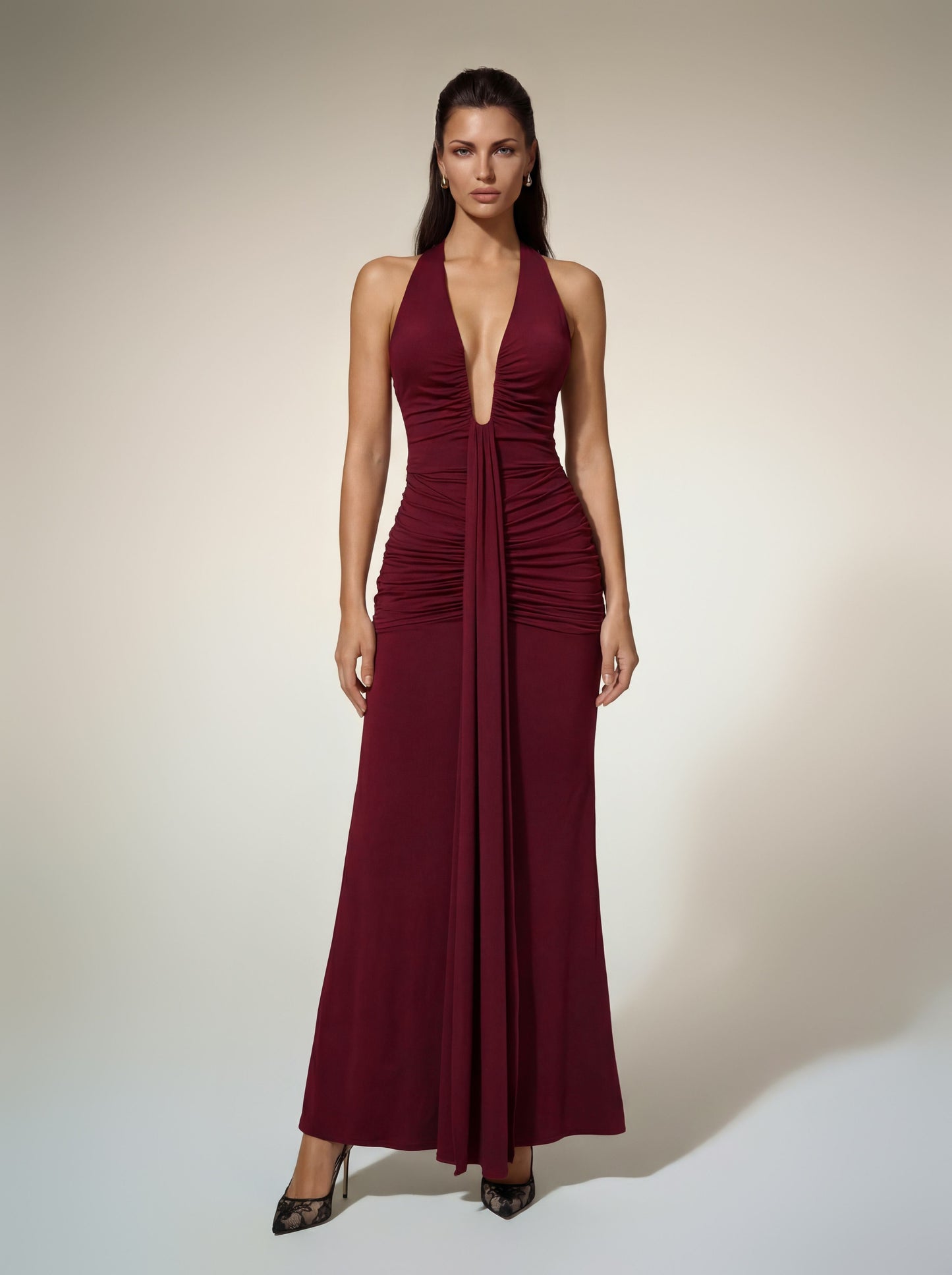 Alyshea Halterneck Ruched Maxi Dress In Wine