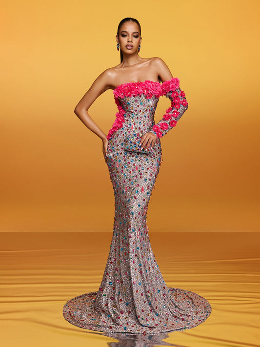 Rosstef Alythia Off Shoulder Flower Crystal Maxi Dress