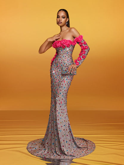 Alythia Off Shoulder Flower Crystal Maxi Dress