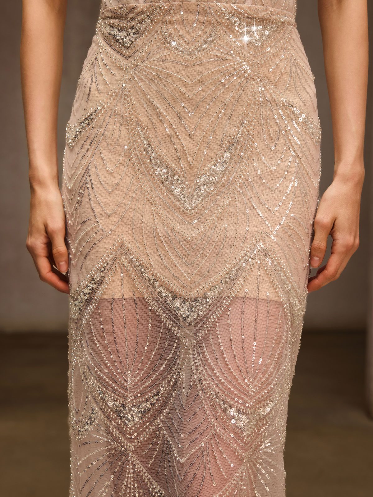 Amzie Strapless Sequin Mesh Maxi Dress In Apricot
