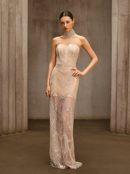 Amzie Strapless Sequin Mesh Maxi Dress In Apricot