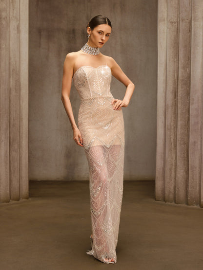 Amzie Strapless Sequin Mesh Maxi Dress In Apricot