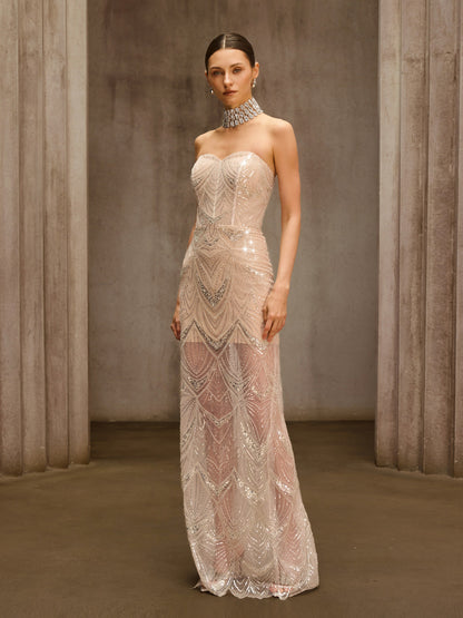 Amzie Strapless Sequin Mesh Maxi Dress In Apricot