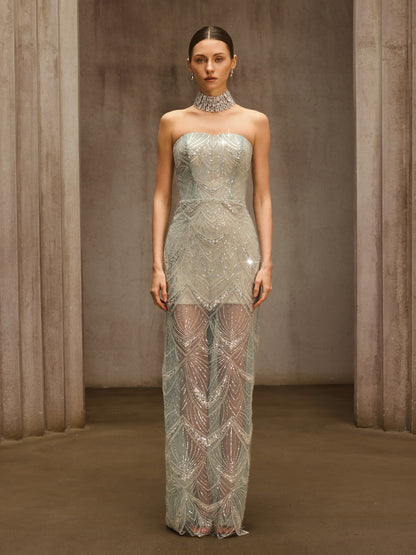 Amzie Strapless Sequin Mesh Maxi Dress In Icy Teal