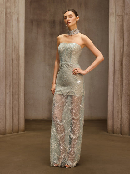 Amzie Strapless Sequin Mesh Maxi Dress In Icy Teal