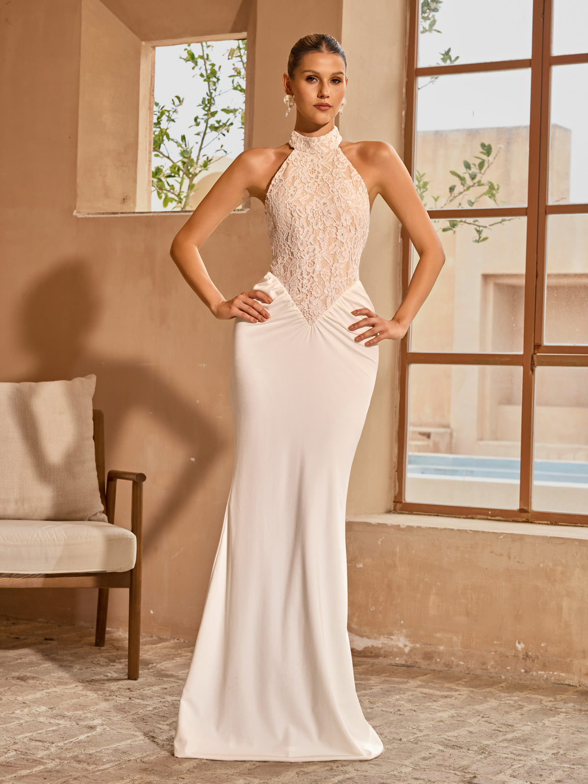 Aqvion Backless Lace Ruched Maxi Dress In White