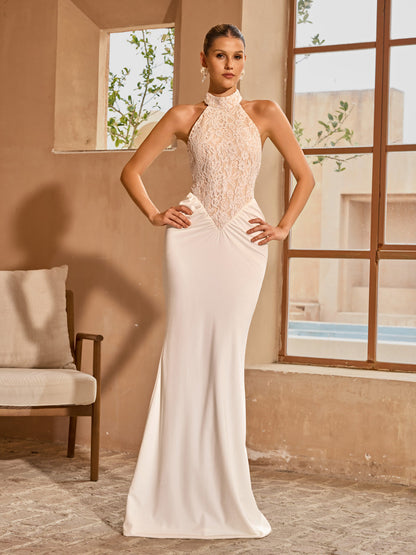 Aqvion Backless Lace Ruched Maxi Dress In White