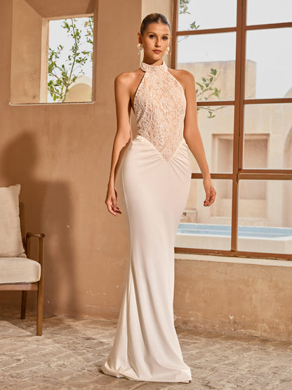 Aqvion Backless Lace Ruched Maxi Dress In White