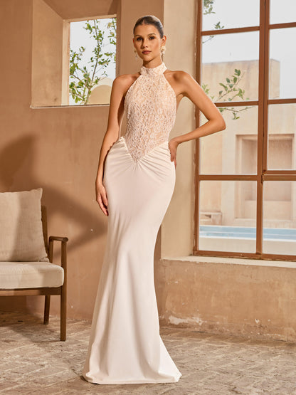 Aqvion Backless Lace Ruched Maxi Dress In White