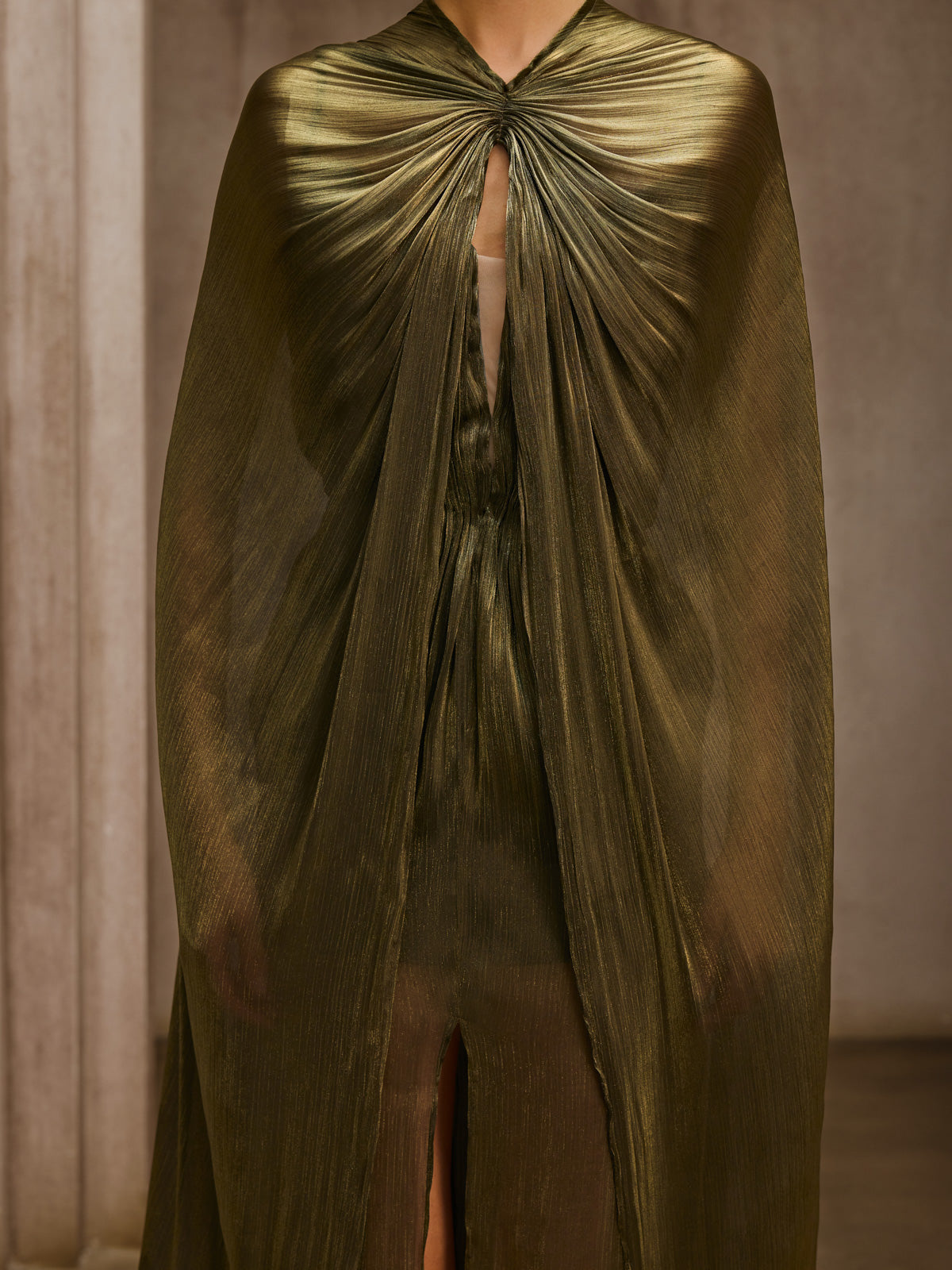 Aqxira Cape Strapless Ruched Maxi Dress