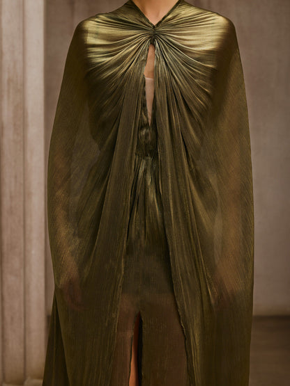 Aqxira Cape Strapless Ruched Maxi Dress
