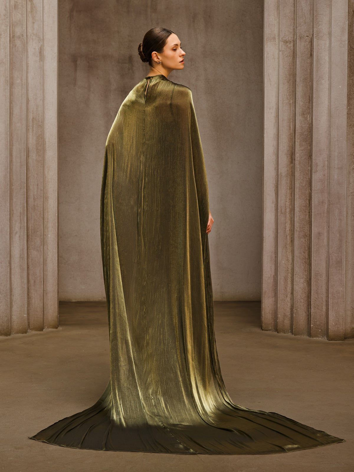Aqxira Cape Strapless Ruched Maxi Dress