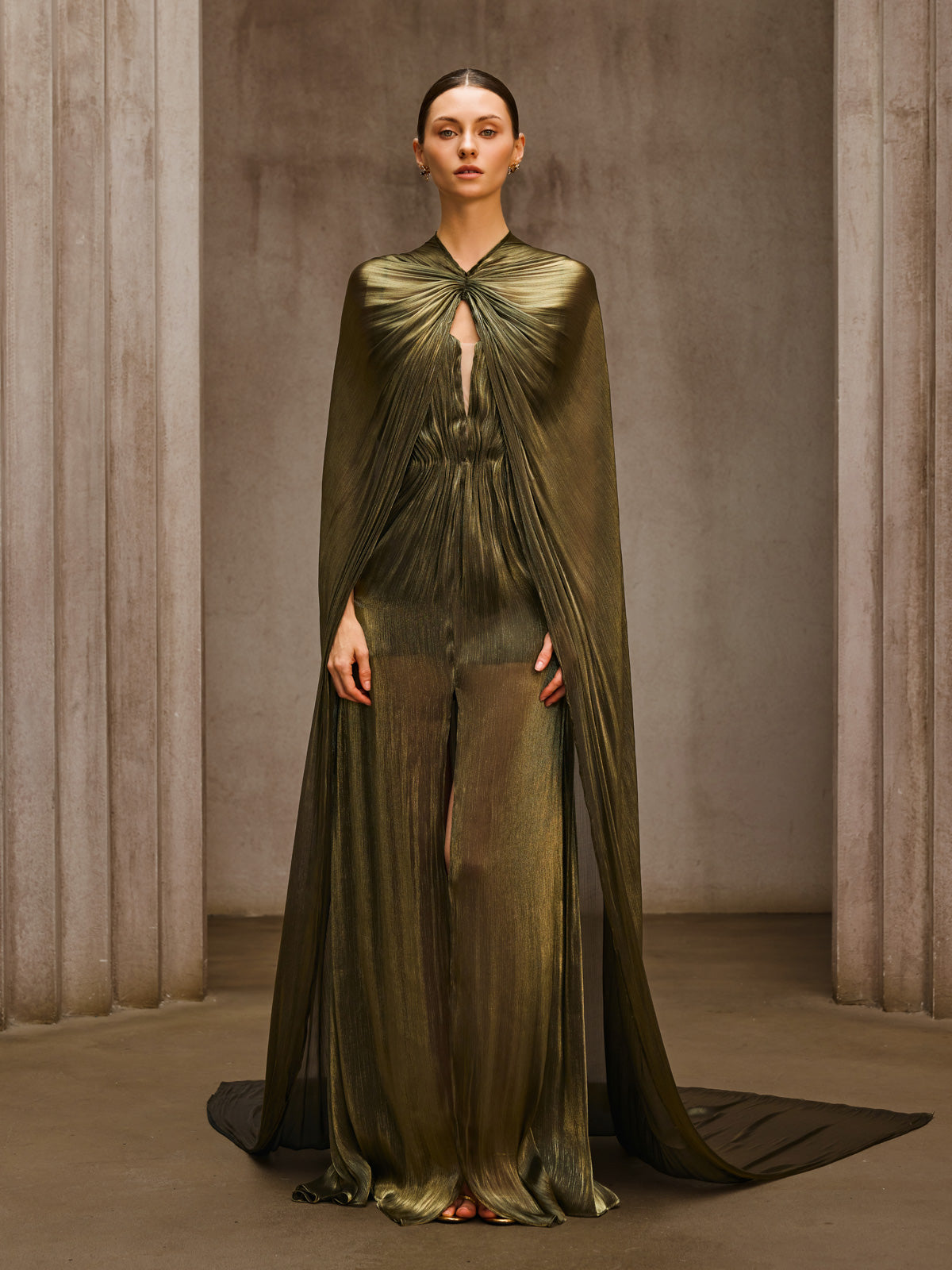 Aqxira Cape Strapless Ruched Maxi Dress