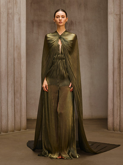 Aqxira Cape Strapless Ruched Maxi Dress