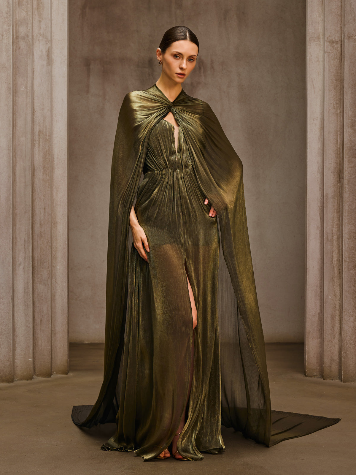 Aqxira Cape Strapless Ruched Maxi Dress