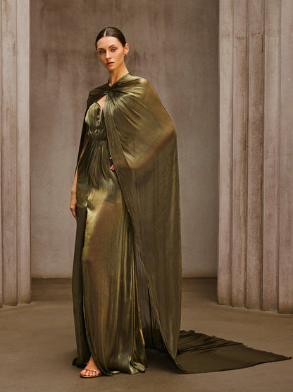 Aqxira Cape Strapless Ruched Maxi Dress