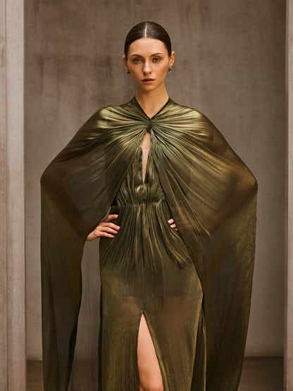 Aqxira Cape Strapless Ruched Maxi Dress