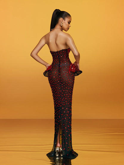 Arygon Strapless Cutout Crystal Maxi Dress In Wine
