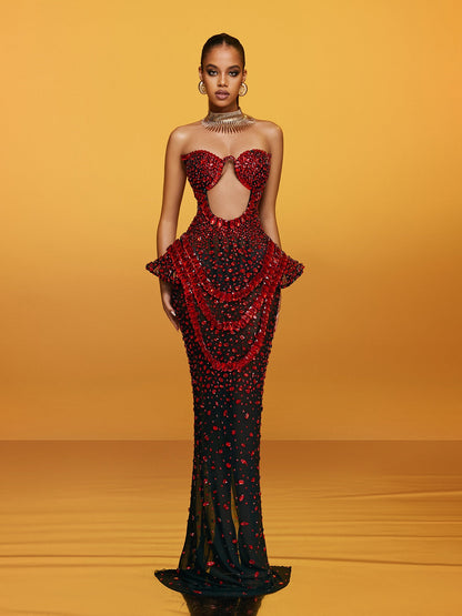Arygon Strapless Cutout Crystal Maxi Dress In Wine