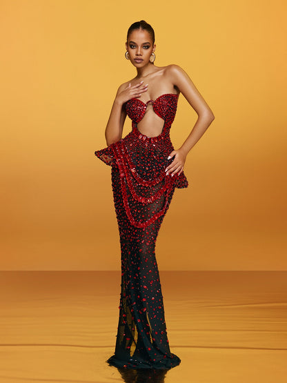 Arygon Strapless Cutout Crystal Maxi Dress In Wine