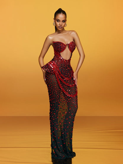 Arygon Strapless Cutout Crystal Maxi Dress In Wine