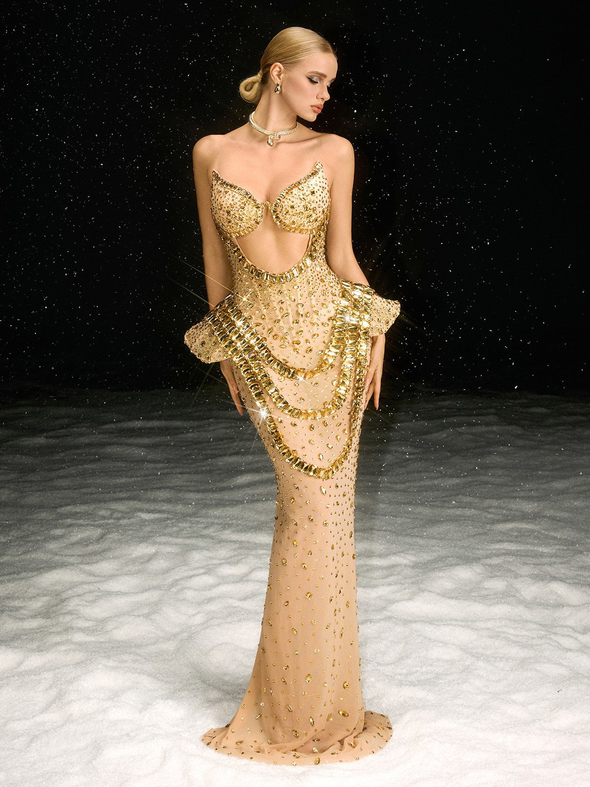 Arygon Strapless Cutout Crystal Maxi Dress In Gold