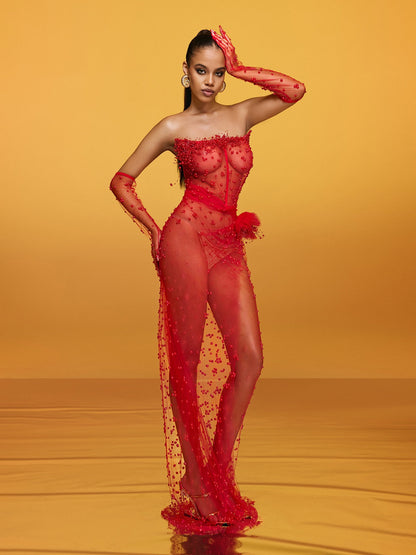 Asterra Strapless Pearl Mesh Maxi Dress