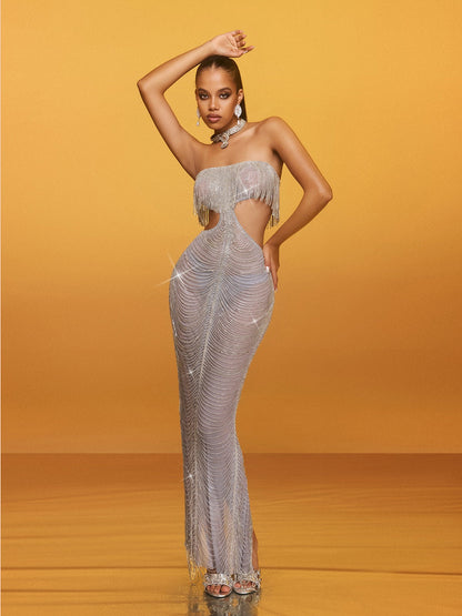 Aurelis Strapless Cutout Fringe Maxi Dress