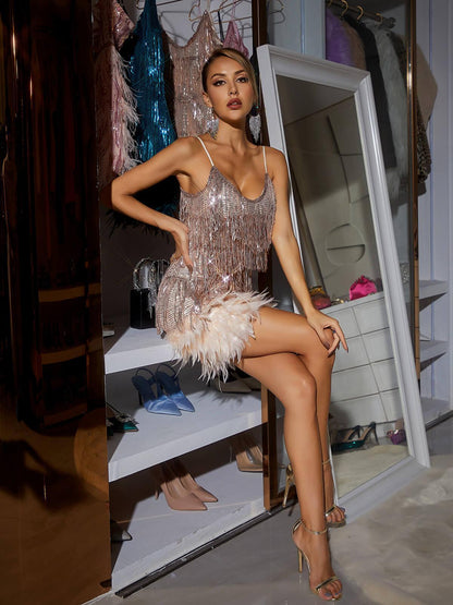 Rosstef Champagne Tassel Feather Mini Dress
