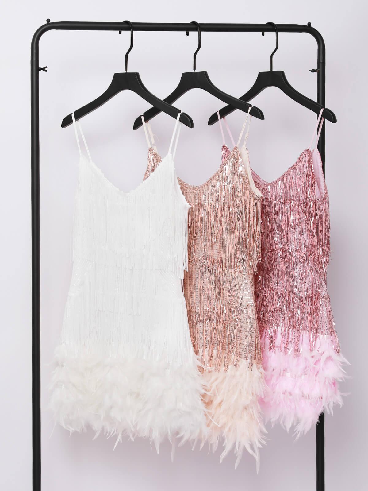 Rosstef Champagne Tassel Feather Mini Dress